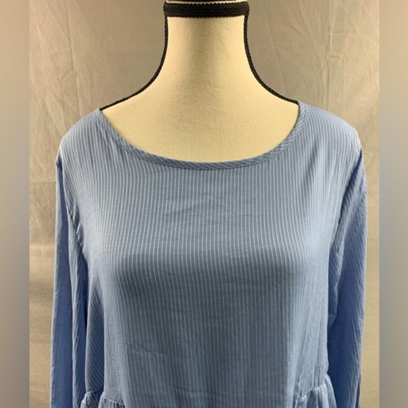 Blue Striped Lantern Sleeve Ruffle Hem Smock Dress - Picture 7 of 9